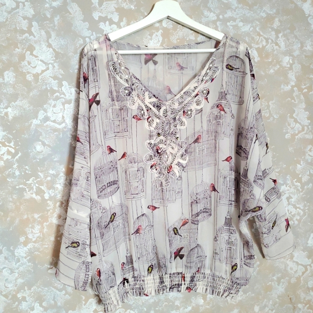 TED BAKER London 0 white blouse Bird cages lace detailing tunic loose shirt